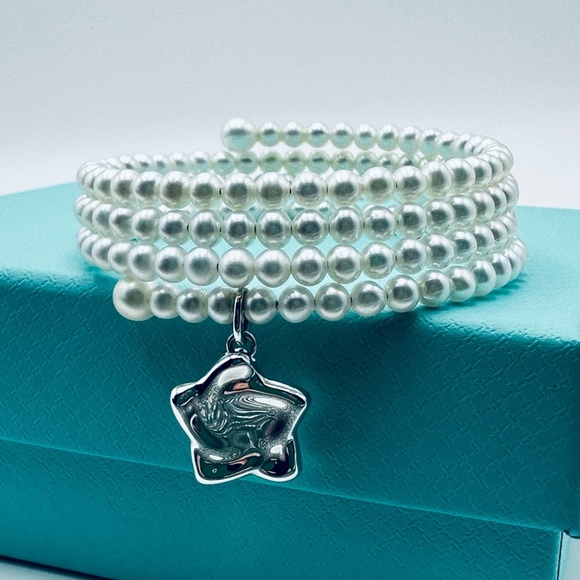 Tiffany & Co. Peretti Multi Row Star Charm Pearl Wrap Bracelet Silver Packaging - Picture 1 of 10